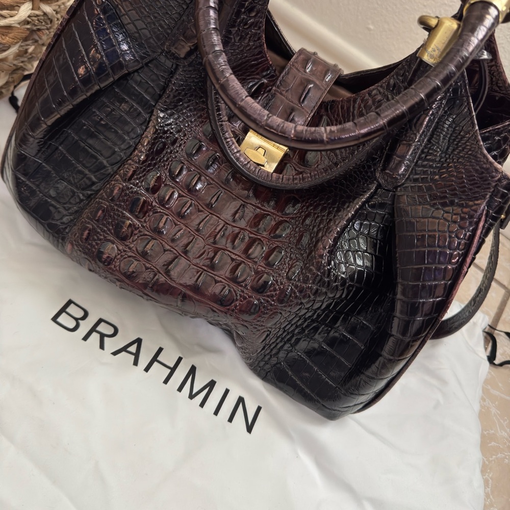 Brahmin Dark Brown Crocodile Embossed Shoulder Bag